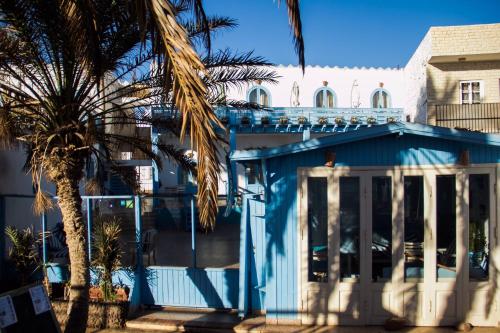a blue house with a palm tree in front of it at El Primo Hotel Dahab in Dahab