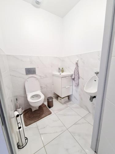 une salle de bain blanche avec des toilettes et un lavabo dans l'établissement Maison tout près d’Aurillac - Monts du Cantal, à Ytrac