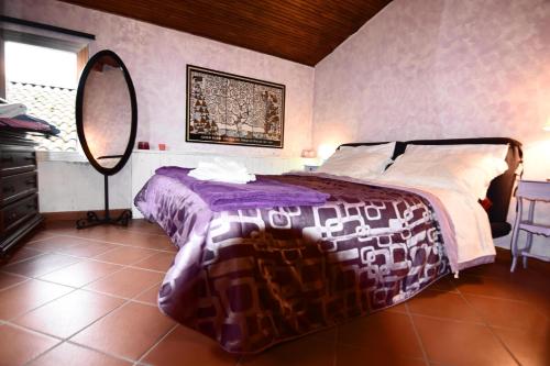 a bedroom with a large bed and a mirror at Appartamento Vetta Cremolino in Cremolino