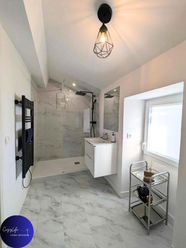 une salle de bain blanche avec un lavabo et une douche dans l'établissement Le Jardin d'Angély by CozyLife Central Jardin, à Niort