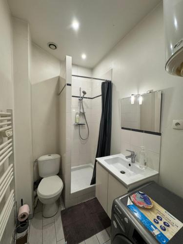 a bathroom with a toilet and a sink and a shower at Joli Studio Confortable Proche Gare, Centre Ville Et Autoroutes in Melun
