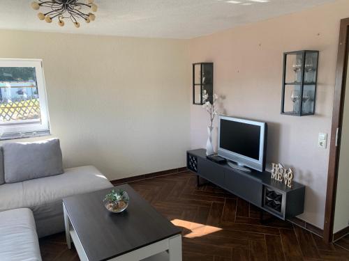 シェーンハイデにあるFerienhaus in Schönheide im schönen Erzgebirgeのソファとテレビのあるリビングルーム