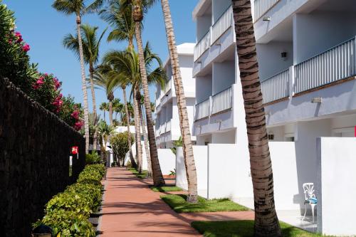 a sidewalk in front of a building with palm trees at Plus Fariones Apartamentos in Puerto del Carmen