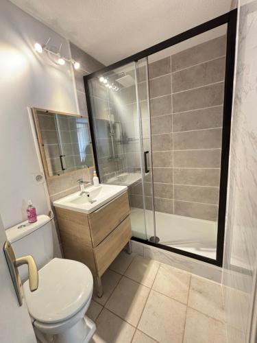 une salle de bain avec une douche, des toilettes et un lavabo dans l'établissement Appartement Gruissan climatisation et piscine, à Gruissan