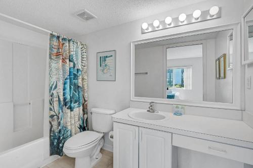 a bathroom with a toilet and a sink and a mirror at Seaside Bliss in Bradenton
