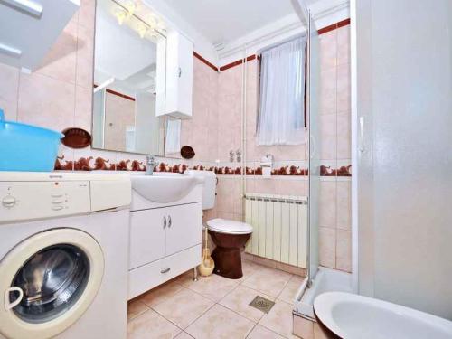a bathroom with a sink and a washing machine at Apartment Pula, Istria 18 in Veli Vrh