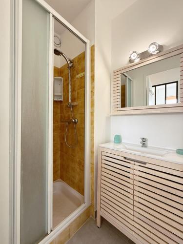 une salle de bain avec une douche, un lavabo et un miroir dans l'établissement L'Olivier, à Sainte-Maxime