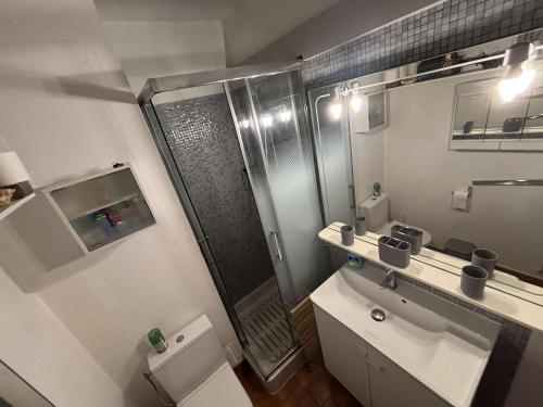 une salle de bain avec une douche, des toilettes et un lavabo dans l'établissement Appart 2 pièces Cabine PORT LA NOUVELLE PN590-022, à Port-la-Nouvelle