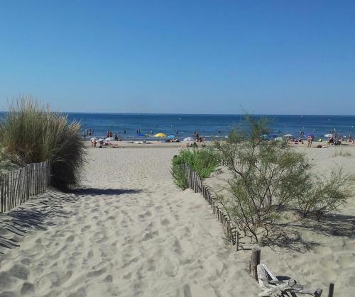 una spiaggia sabbiosa con persone sulla spiaggia di Studio Cosy en bord de mer a La Grande-Motte