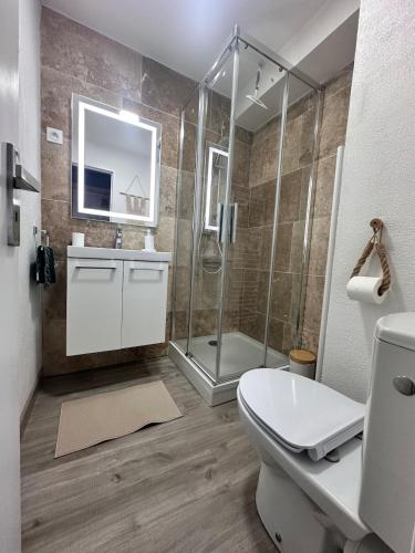 une salle de bain avec une douche, des toilettes et un lavabo dans l'établissement Studio Cosy en bord de mer, à La Grande Motte