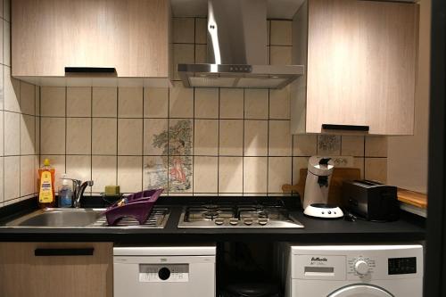 une cuisine avec un évier et une cuisinière four supérieur dans l'établissement Villa les Lauriers, à Lioux