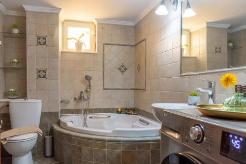 a bathroom with a tub and a toilet and a sink at Casa Anthea 3 bedroom apartment with Garden in Kounoupidhianá