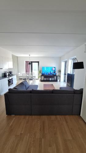 a living room with a large couch and a television at Two-story four-room apartment in Copenhagen