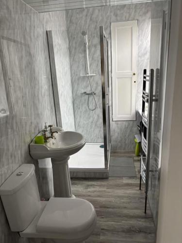 a bathroom with a toilet and a sink and a shower at Royal Mile St Giles St in Edinburgh