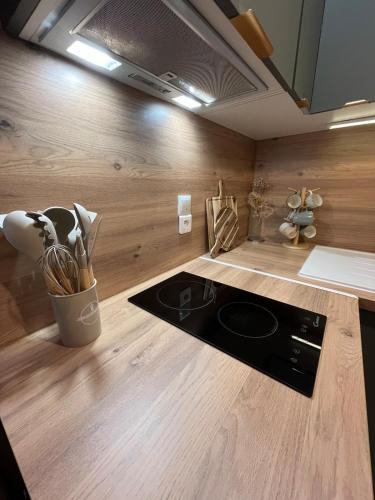 - une cuisine avec un poêle noir et des murs en bois dans l'établissement Charmant appartement proche centre-ville, à Vannes