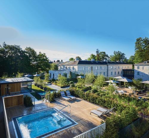 an aerial view of a hotel with a swimming pool at Rudding Park in Harrogate