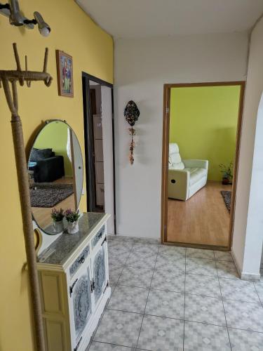 a bathroom with a sink and a mirror in a room at Noua Apartment in Braşov