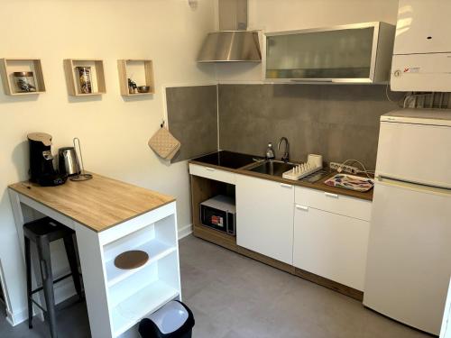 une petite cuisine avec un évier et un comptoir dans l'établissement Cozy Center 2 Avenue des États-Unis, à Clermont-Ferrand