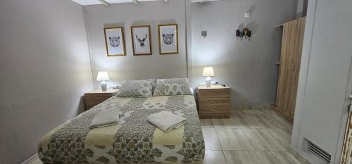 a bedroom with a bed and two night stands and two lamps at Hostal Paso por La Serena in La Serena