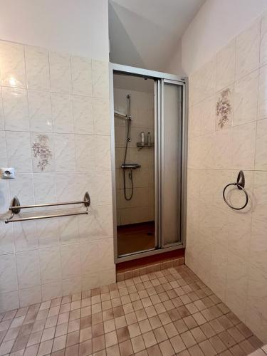 une douche avec une porte vitrée dans une salle de bain dans l'établissement Maison familiale Les Boucs, à Rouffignac