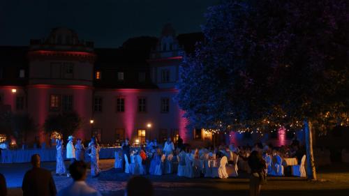 a group of people standing in front of a building at night at Hotel Schloss Schkopau in Schkopau