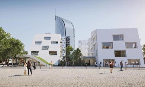 a group of people standing in a plaza in front of buildings at Miracle Luxury Property Liège Guillemins in Liège