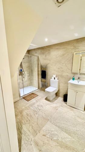 a bathroom with a toilet and a sink and a shower at St Leonards Boutique Apartment in Hollington