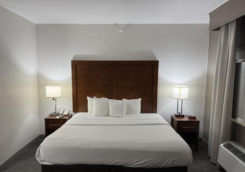 a hotel room with a large bed with two lamps at Comfort Suites Omaha Northwest in Omaha