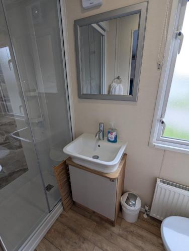 a bathroom with a sink and a shower at BEAUTIFULLY PRESENTED CARAVAN DOG FRIENDLY on AWARD WINNING SHOREFIELD COUNTRY PARK Entertainment passes and linen included in Milford on Sea