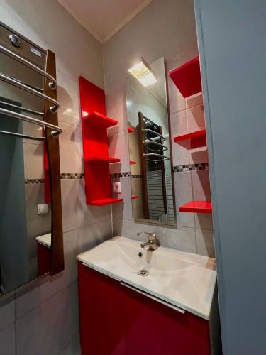 a bathroom with a sink and a mirror and red shelves at FactoryLoftCosy Gare à 5mins in Bellegarde-sur-Valserine