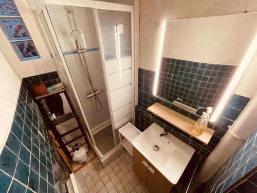 une petite salle de bain avec un lavabo et une douche dans l'établissement Douillet Rue Saint-Gervais - 369, à Rouen