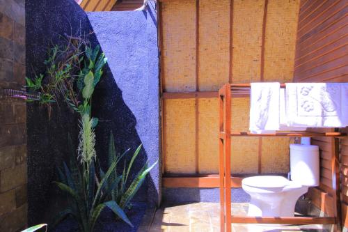 a bathroom with a toilet and a shelf with towels at Pantai Karang in Gili Trawangan