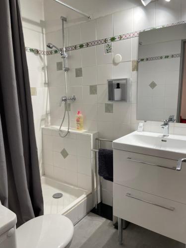 une salle de bain avec un lavabo, une douche et des toilettes dans l'établissement T1 bis rénové et cosy à côté des Thermes et de l'étang de Thau, à Balaruc-les-Bains