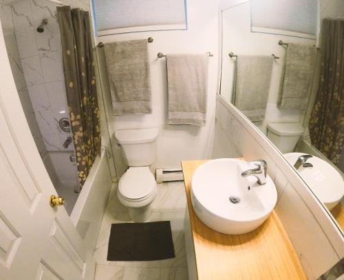 a bathroom with a sink and a toilet and a shower at Calm, cozy, urban, family-friendly stay in Vancouver
