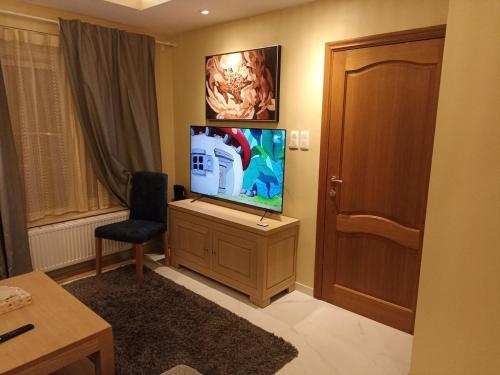a room with a flat screen tv and a chair at Cosy house with 3 rooms and garden near beach in Ostend