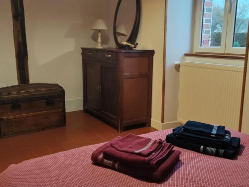 ein Schlafzimmer mit einem Bett mit Spiegel und einer Kommode in der Unterkunft Maison avec jardin clos à Villabon - FR-1-586-55 in Villabon