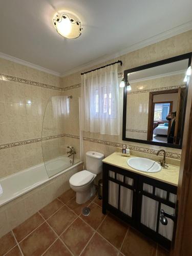a bathroom with a toilet and a sink and a mirror at El mirador de El Bosque in El Bosque