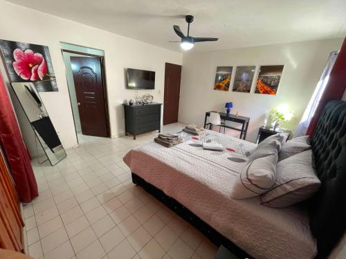 une chambre avec un lit et une télévision dans l'établissement Casa Corona Plaza, à Santiago de los Caballeros