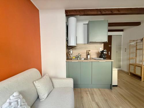 un salon avec un canapé et une cuisine dans l'établissement Studio lumineux centre Aix en Provence, à Aix-en-Provence