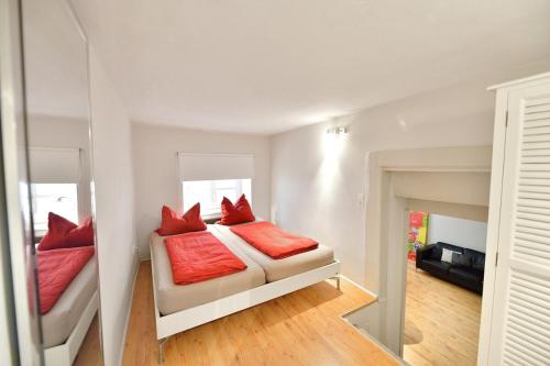 ein Schlafzimmer mit zwei Betten mit roten Kissen in der Unterkunft Altstadtapartment Hochparterre in Heidelberg