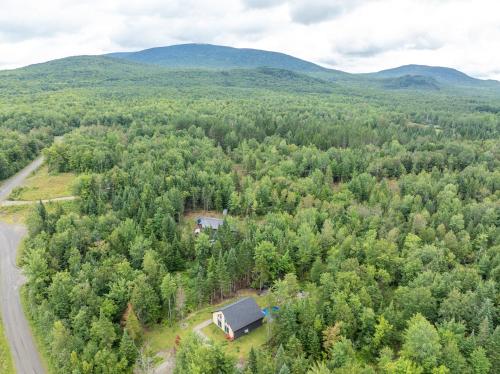 an aerial view of a house in the middle of a forest at Chalet Escapade, Spa, Piscine in La Patrie
