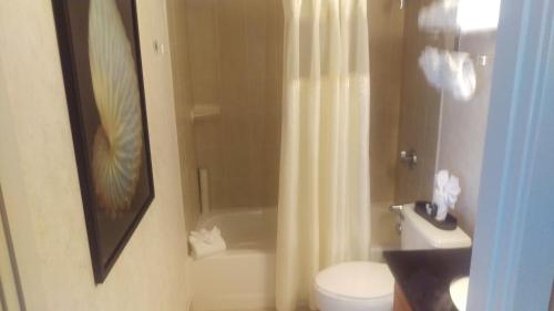 un bagno con un water e una tenda da doccia di Flagship Boardwalk Resorts ad Atlantic City