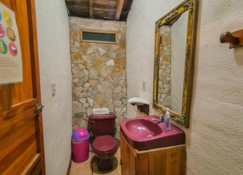 a bathroom with a pink sink and a toilet at Hotel Restaurante Spa La Barca de Oro in Las Peñitas