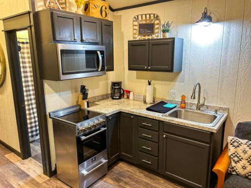 a small kitchen with a sink and a microwave at Lakefront Cabin - The Willows - 11 in Mead