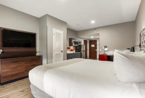 a bedroom with a large bed and a flat screen tv at Hawthorn Extended Stay by Wyndham College Station in College Station