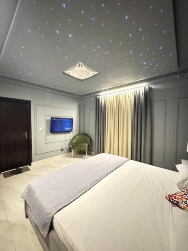 a bedroom with a large bed and a tv at Relax Under the Stars 1BHK in Lahore