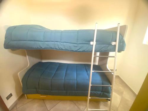 a bunk bed with a ladder and a blue pillow at Appartamento Mi & Ti in CastellʼAlfero