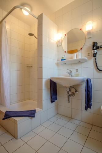 a bathroom with a sink and a shower at Camping Wagenhausen in Wagenhausen