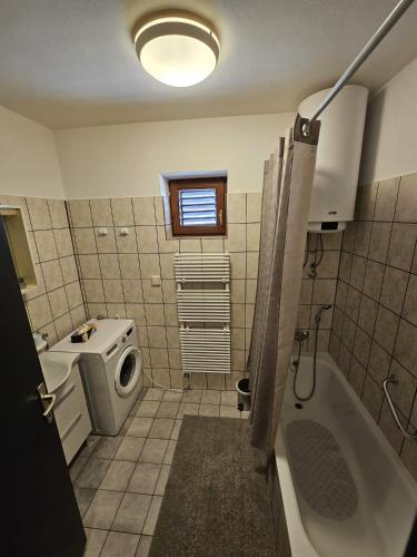 a bathroom with a sink and a washing machine at Self Check-in Studio apartman Vito in Lipovac