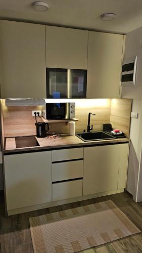 a kitchen with a sink and a microwave at Silver Dream 2 in Veliko Gradište